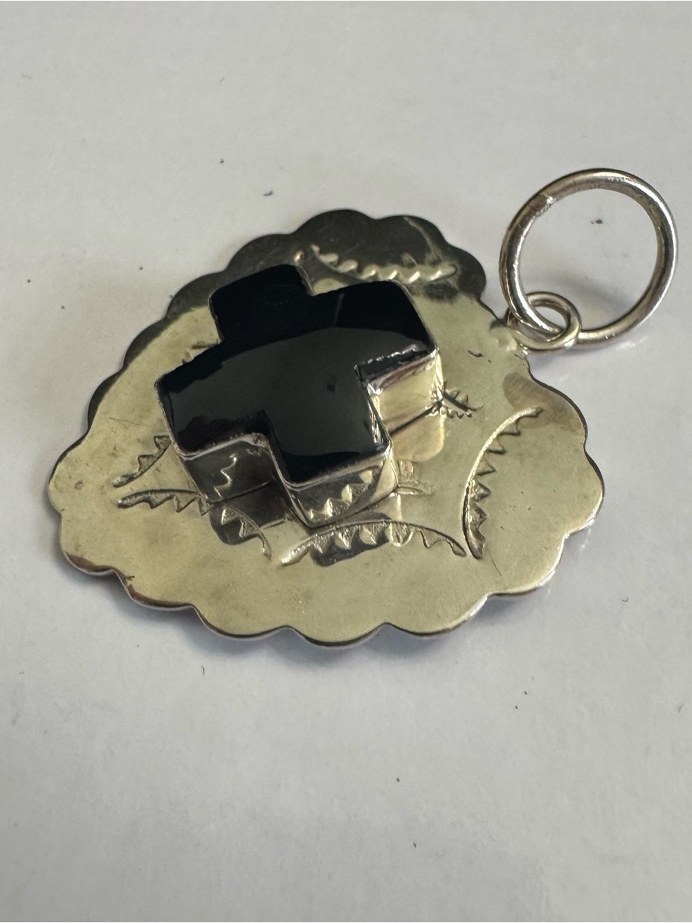 Sterling Silver Heart shaped Pendant wi/Black Onyx Cross Accent  Southwest look! - Picture 2 of 7
